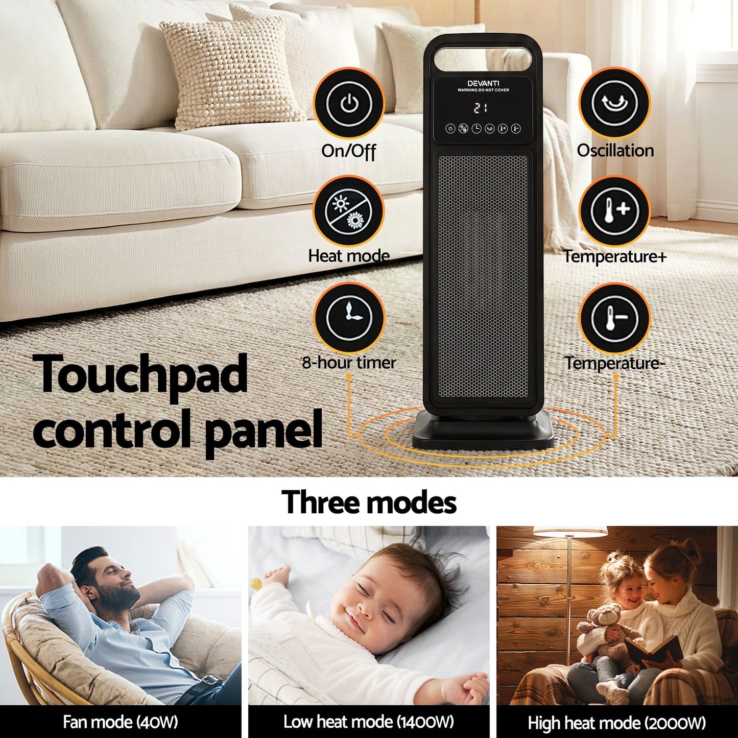 Alona.com.au Appliances > Heaters > Electric Heaters Devanti 2000W Ceramic Tower Heater Space Heaters Indoor Oscillating Black