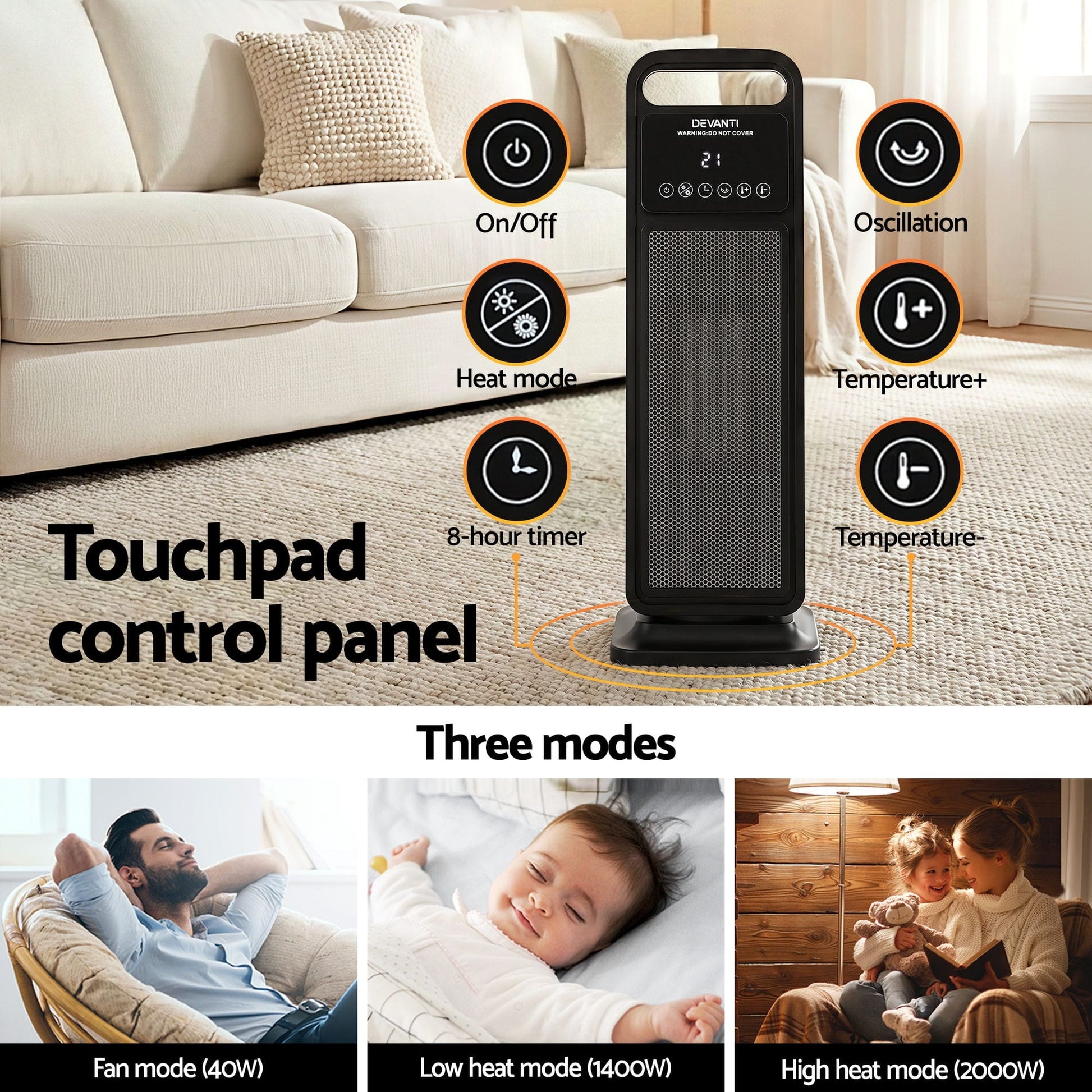 Alona.com.au Appliances > Heaters > Electric Heaters Devanti 2000W Ceramic Tower Heater Space Heaters Indoor Oscillating Black