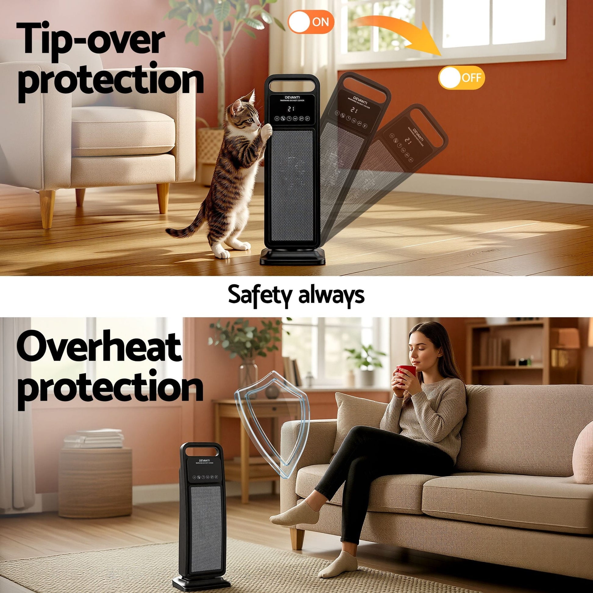Alona.com.au Appliances > Heaters > Electric Heaters Devanti 2000W Ceramic Tower Heater Space Heaters Indoor Oscillating Black