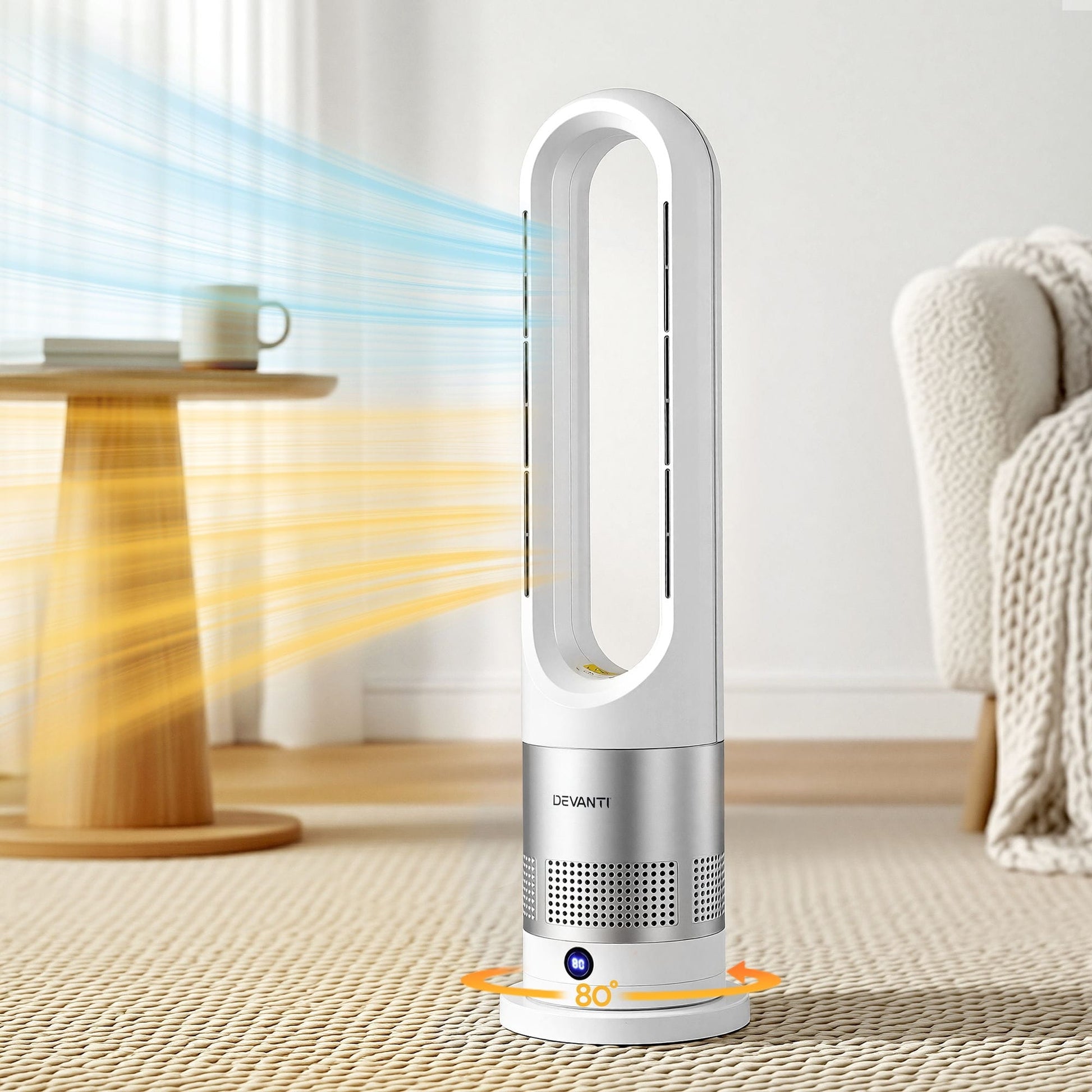 Alona.com.au Appliances > Heaters > Electric Heaters Devanti Bladeless Tower Fan Heater and Cooler 2in1 Portable Oscillation Fan for Bedroom Room Office Use White