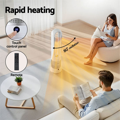 Alona.com.au Appliances > Heaters > Electric Heaters Devanti Bladeless Tower Fan Heater and Cooler 2in1 Portable Oscillation Fan for Bedroom Room Office Use White