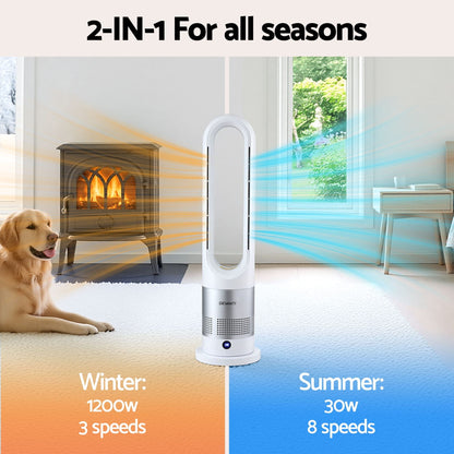 Alona.com.au Appliances > Heaters > Electric Heaters Devanti Bladeless Tower Fan Heater and Cooler 2in1 Portable Oscillation Fan for Bedroom Room Office Use White