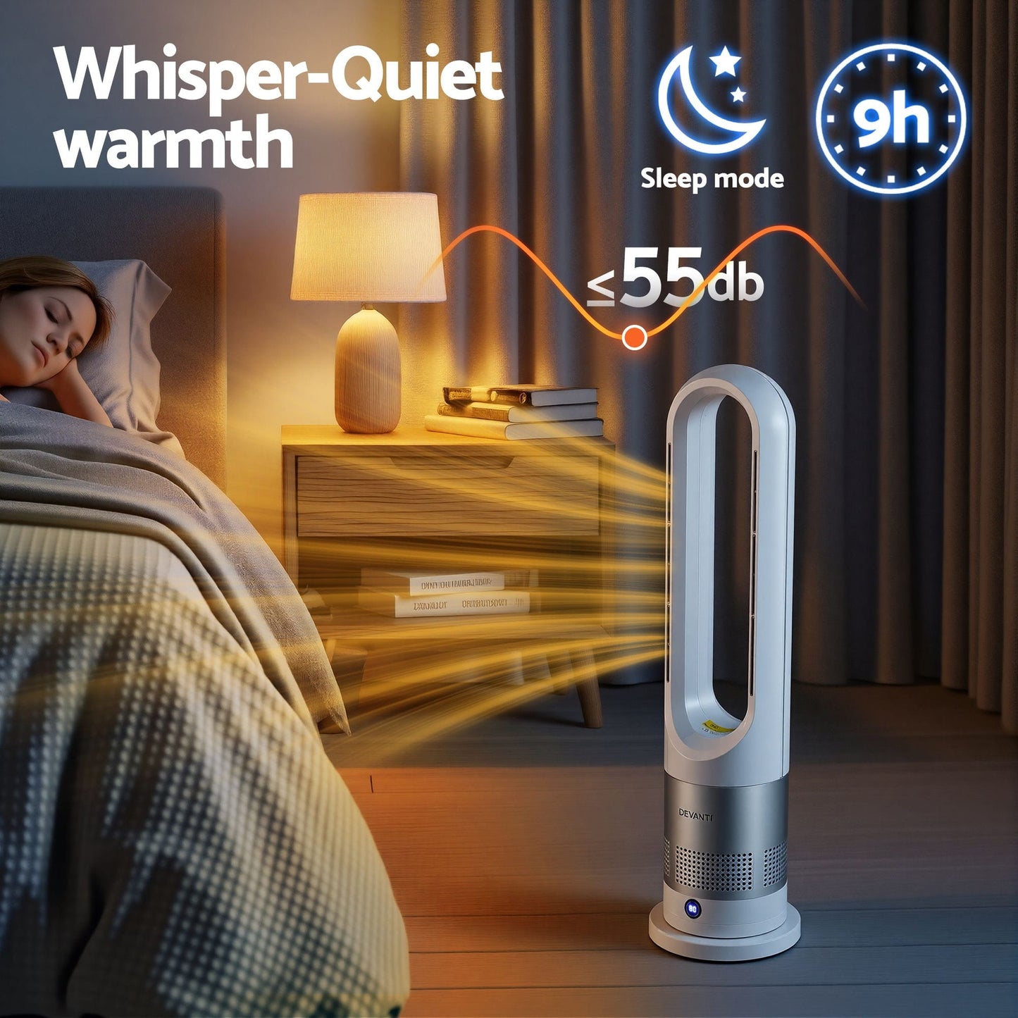 Alona.com.au Appliances > Heaters > Electric Heaters Devanti Bladeless Tower Fan Heater and Cooler 2in1 Portable Oscillation Fan for Bedroom Room Office Use White