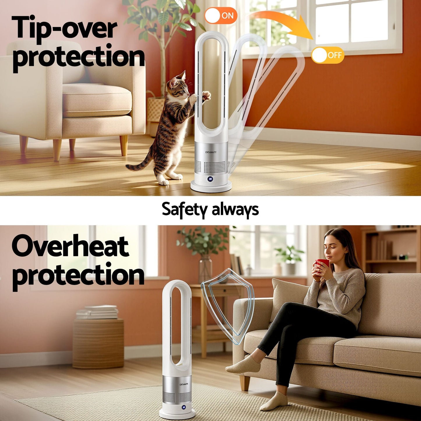 Alona.com.au Appliances > Heaters > Electric Heaters Devanti Bladeless Tower Fan Heater and Cooler 2in1 Portable Oscillation Fan for Bedroom Room Office Use White