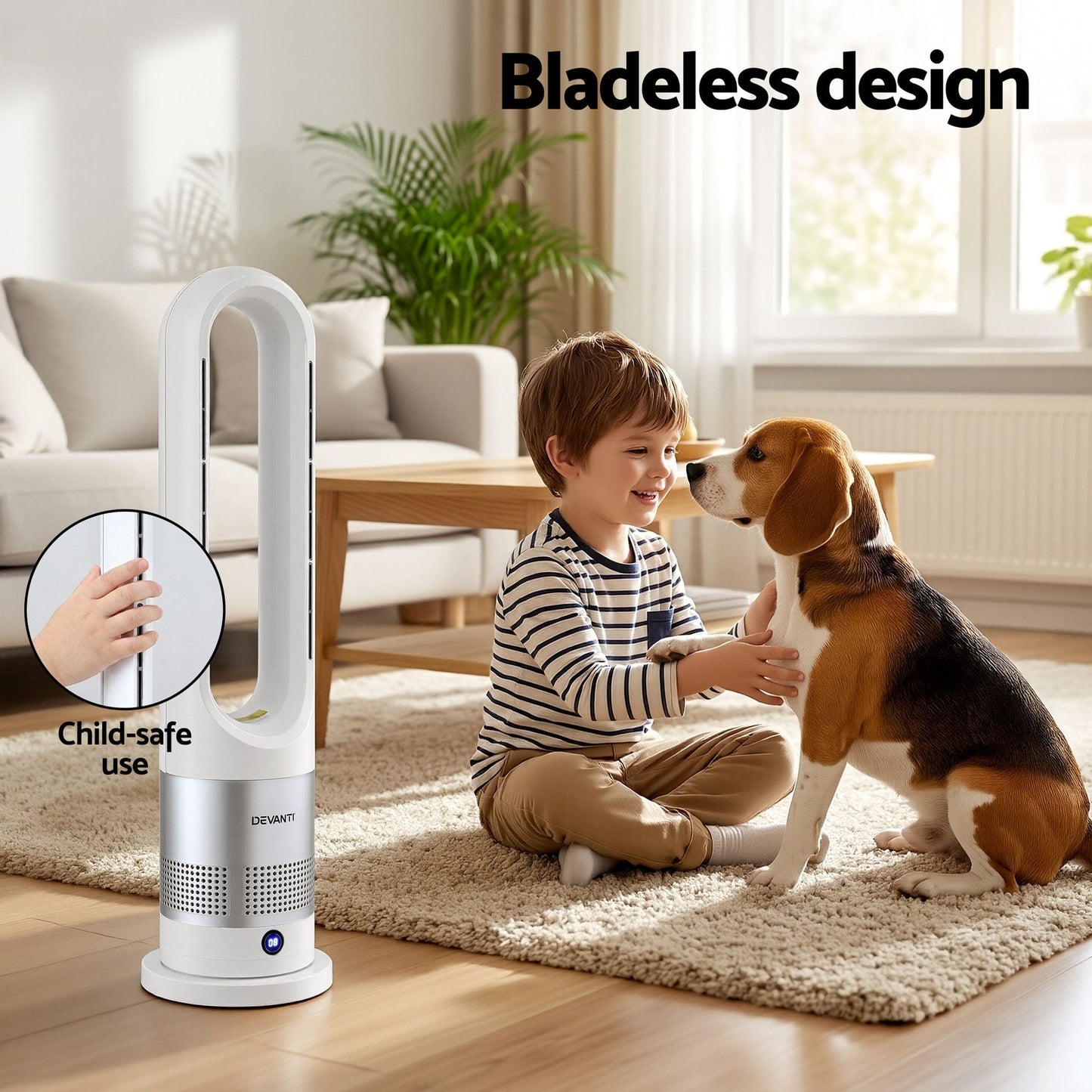 Alona.com.au Appliances > Heaters > Electric Heaters Devanti Bladeless Tower Fan Heater and Cooler 2in1 Portable Oscillation Fan for Bedroom Room Office Use White