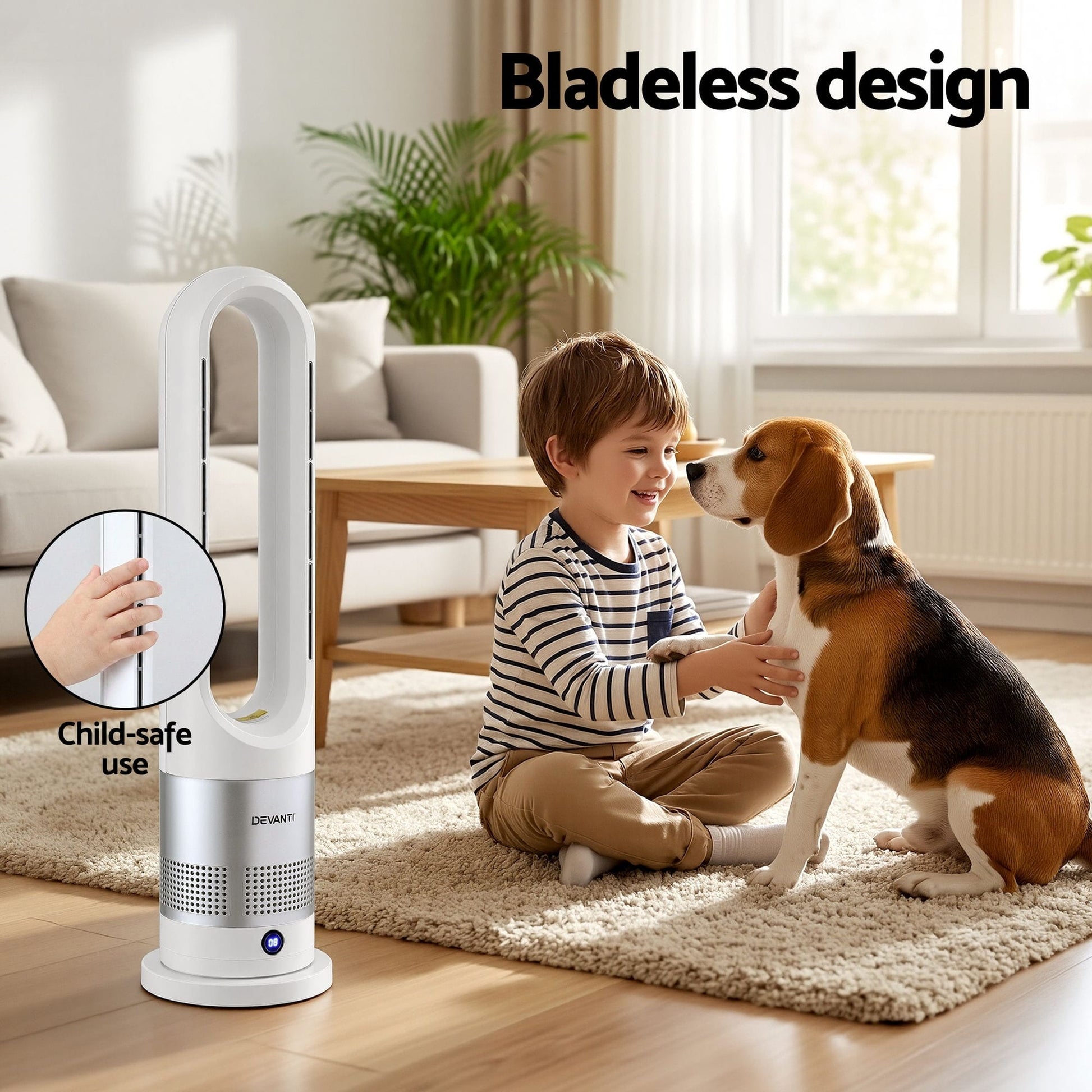 Alona.com.au Appliances > Heaters > Electric Heaters Devanti Bladeless Tower Fan Heater and Cooler 2in1 Portable Oscillation Fan for Bedroom Room Office Use White