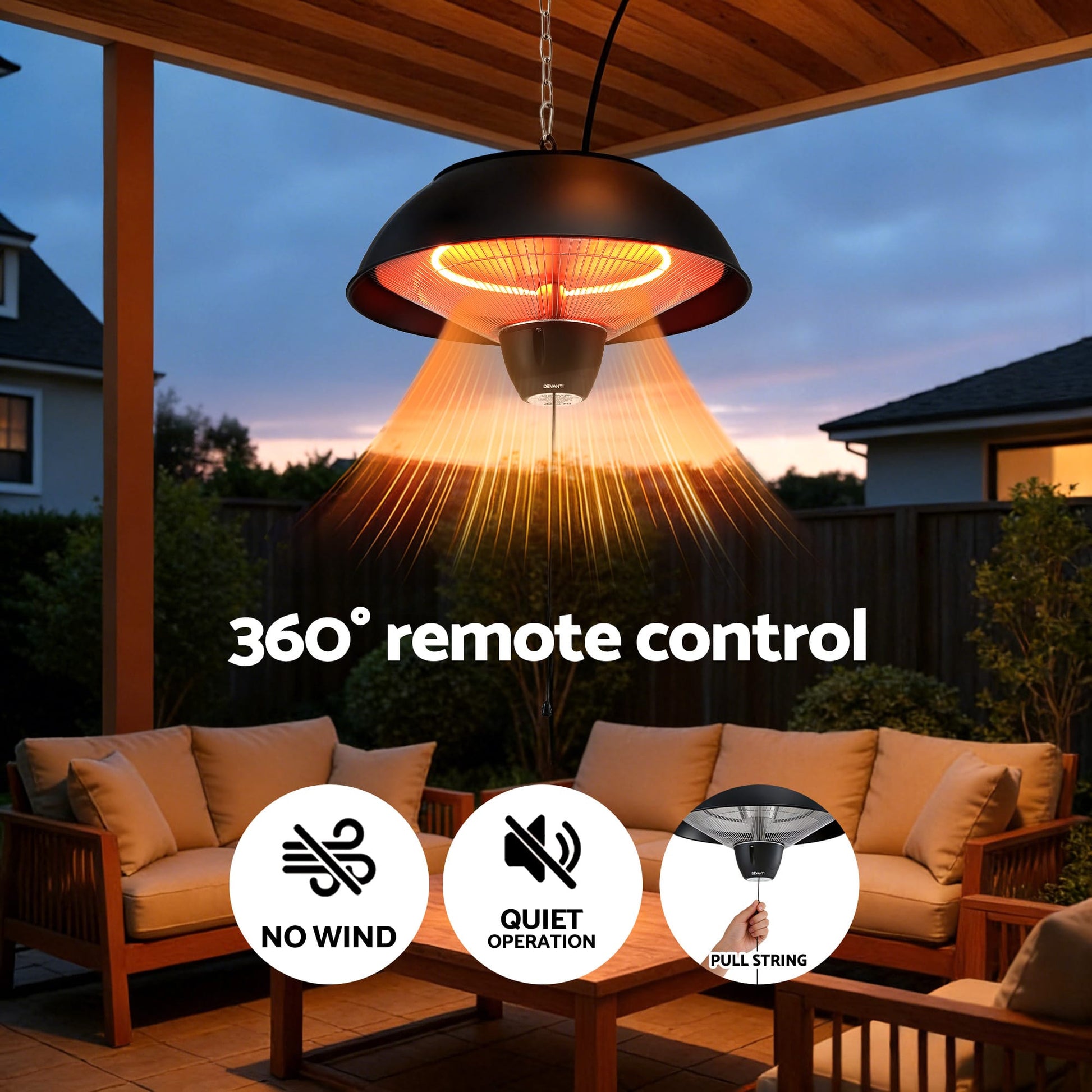 Alona.com.au Appliances > Heaters > Patio Heaters Devanti 1500W Electric Patio Infrared Heater Hanging Heaters Ceiling Mounted Remote