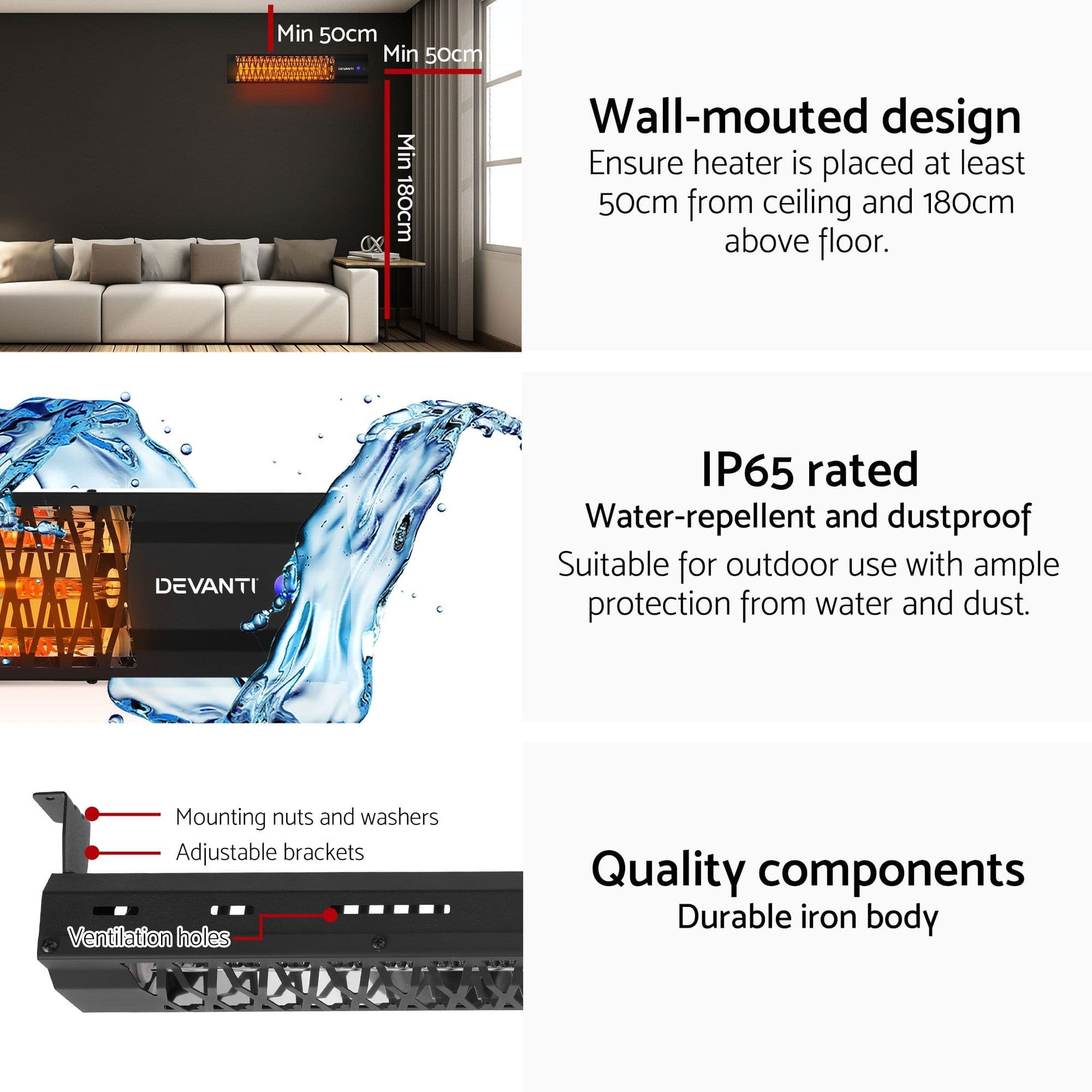 Alona.com.au Appliances > Heaters > Patio Heaters Devanti 2PCS Electric Strip Heater Radiant Infrared Heaters 2000W