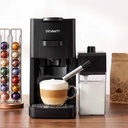 Alona.com.au Appliances > Kitchen Appliances > Coffee Machines & Accessories Devanti Capsule Coffee Pod Machine with Milk Frother, Black