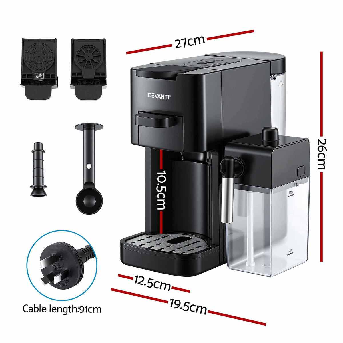 Alona.com.au Appliances > Kitchen Appliances > Coffee Machines & Accessories Devanti Capsule Coffee Pod Machine with Milk Frother, Black