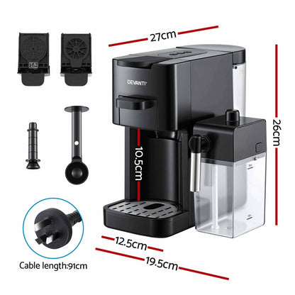 Alona.com.au Appliances > Kitchen Appliances > Coffee Machines & Accessories Devanti Capsule Coffee Pod Machine with Milk Frother, Black