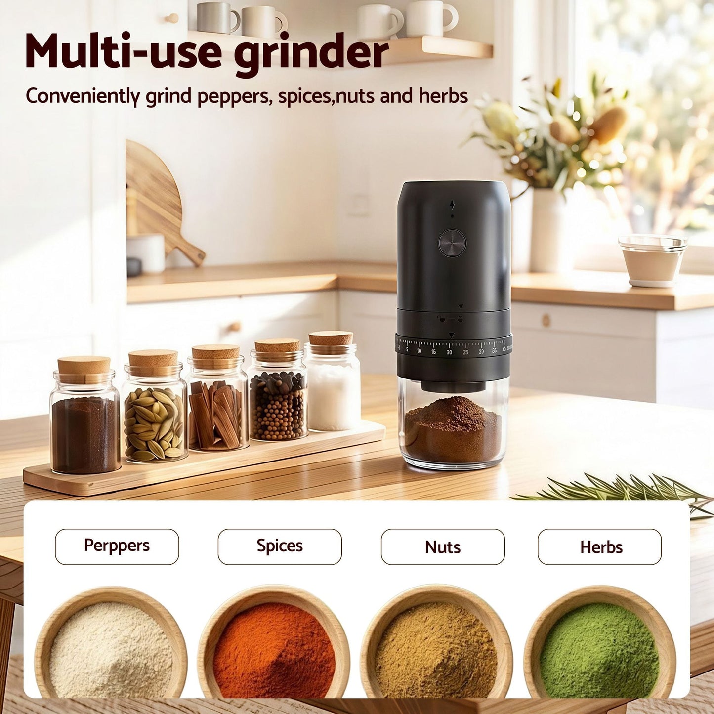 Alona.com.au Appliances > Kitchen Appliances > Coffee Machines & Accessories Devanti Electric Coffee Grinder USB-C Rechargeable Portable Coffee Bean Grinder with 40 Precise Grind Settings | Automatic Spice Nut Pepper Grinder Mill with Cleaning Brush & Ground Coffee Container for Home Office Camping Travel, Black