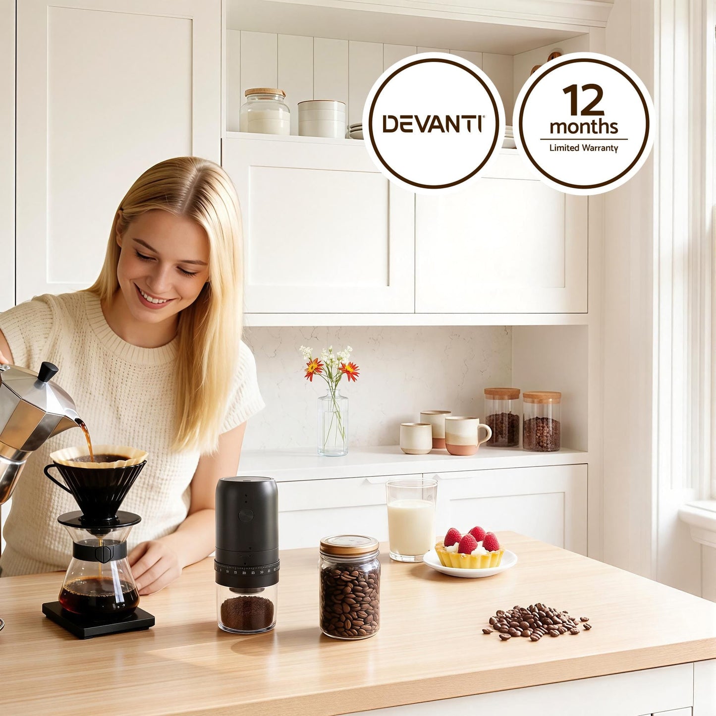 Alona.com.au Appliances > Kitchen Appliances > Coffee Machines & Accessories Devanti Electric Coffee Grinder USB-C Rechargeable Portable Coffee Bean Grinder with 40 Precise Grind Settings | Automatic Spice Nut Pepper Grinder Mill with Cleaning Brush & Ground Coffee Container for Home Office Camping Travel, Black