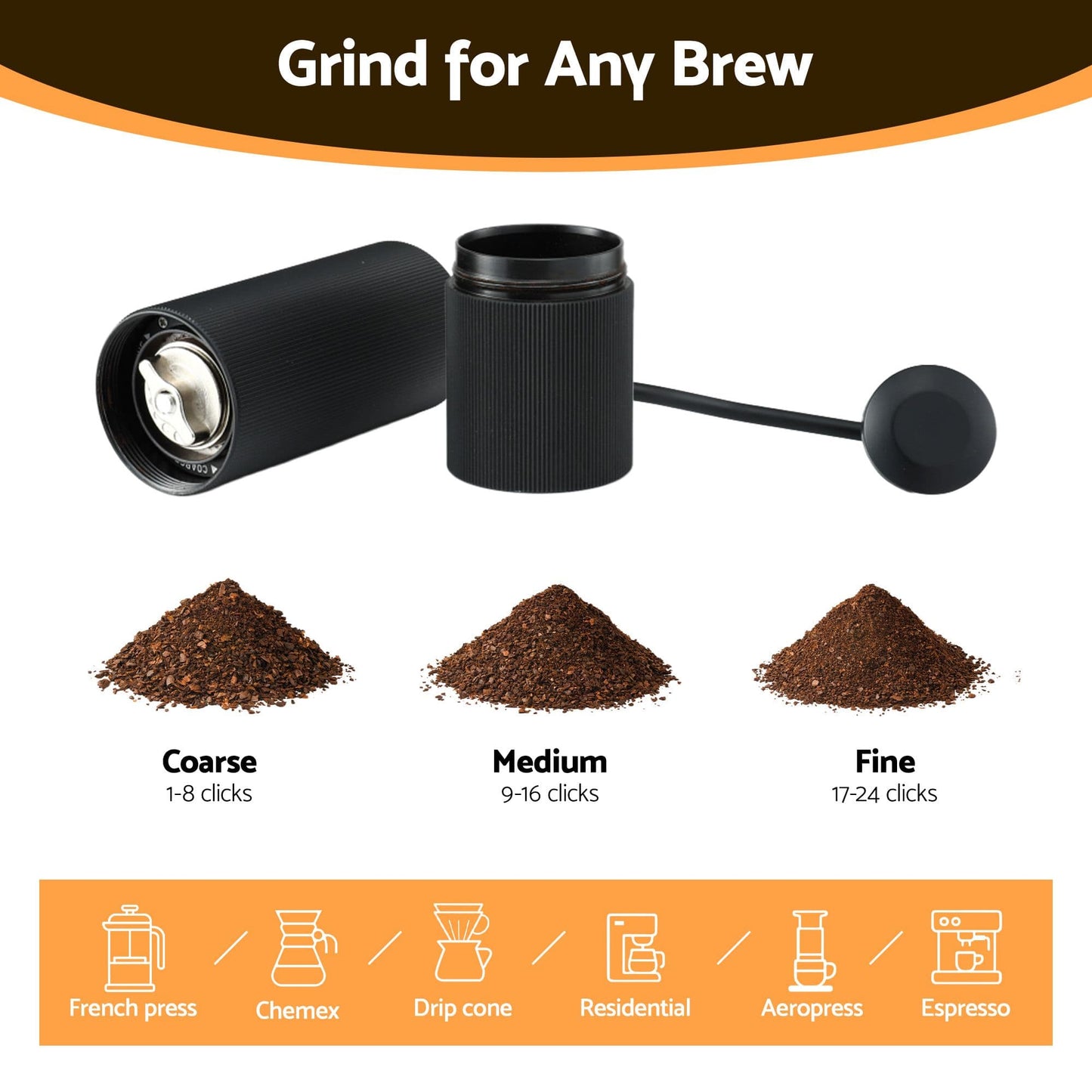 Alona.com.au Appliances > Kitchen Appliances > Coffee Machines & Accessories Devanti Manual Coffee Grinder with 24 Adjustable Settings | Hand Coffee Bean Burr Mill for Espresso French Press | Portable Stainless Steel Quiet Grinder with Storage Bag for Travel Camping, Black