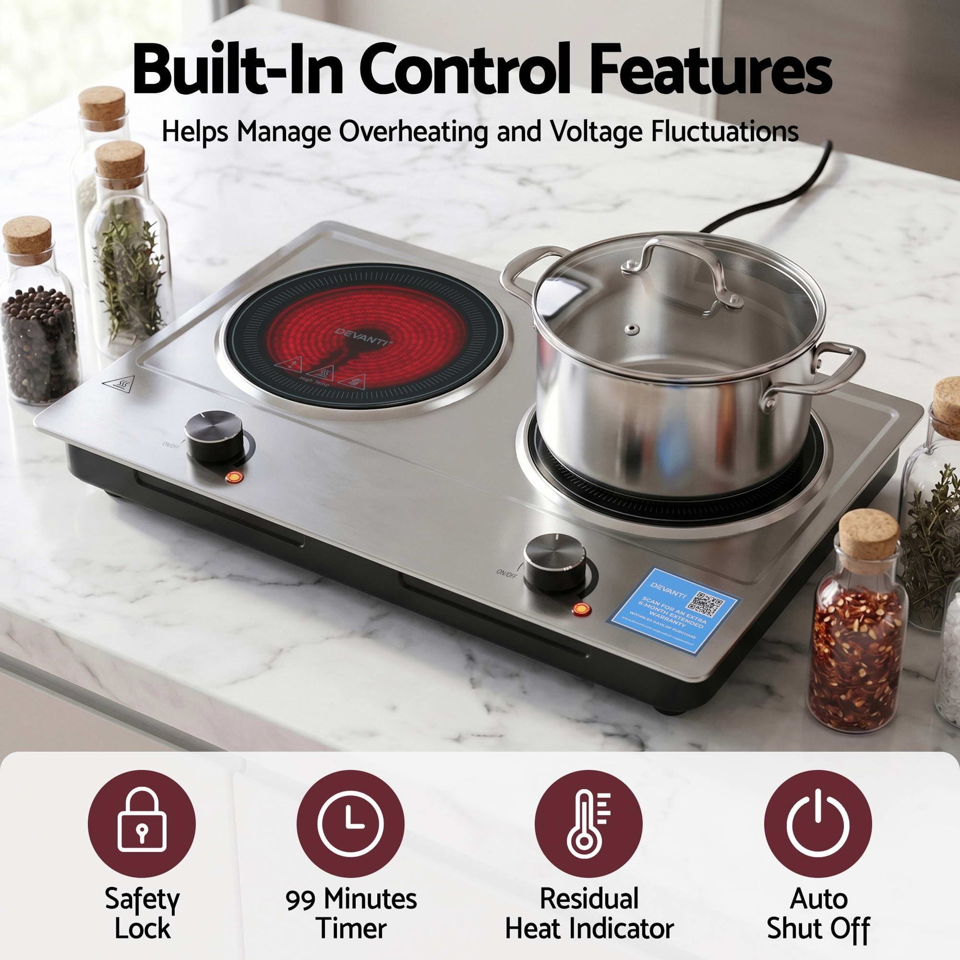 Alona.com.au Appliances > Kitchen Appliances > Cooktops & Stoves Devanti 2 Hobs Ceramic Cooktop Electric Hot Plate Infrared Knob Control 2400W