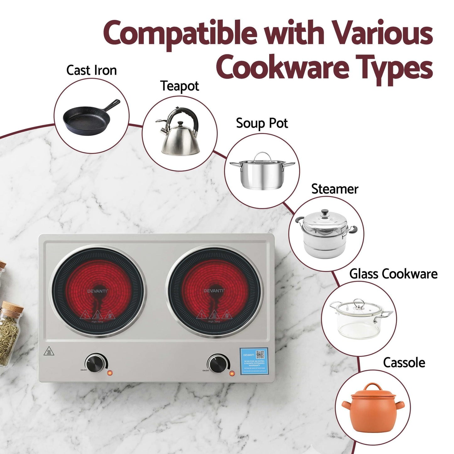 Alona.com.au Appliances > Kitchen Appliances > Cooktops & Stoves Devanti 2 Hobs Ceramic Cooktop Electric Hot Plate Infrared Knob Control 2400W