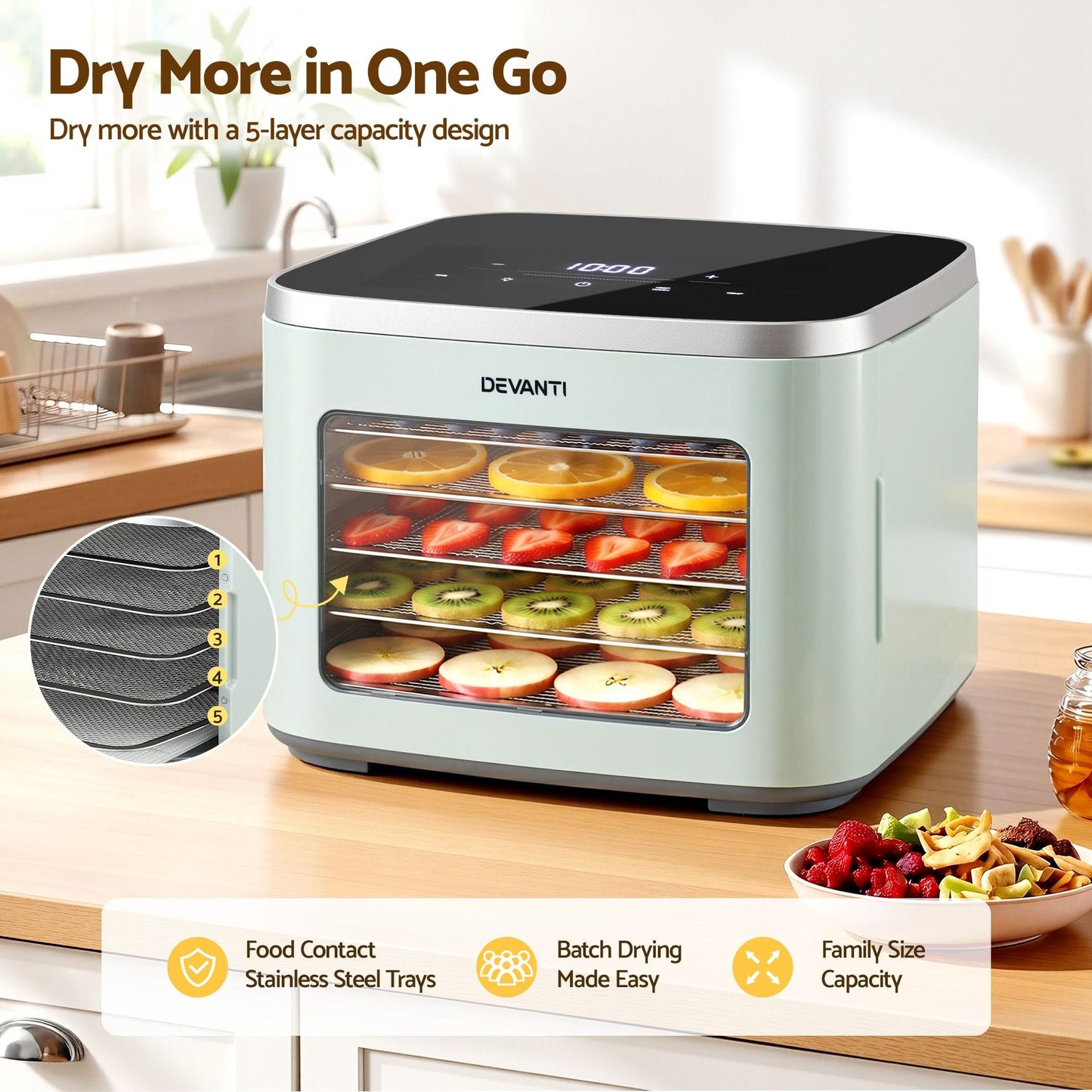 Alona.com.au Appliances > Kitchen Appliances > Food Dehydrators Devanti Food Dehydrator Machine 5 Tray Mini Fruit Dryer Maker Green
