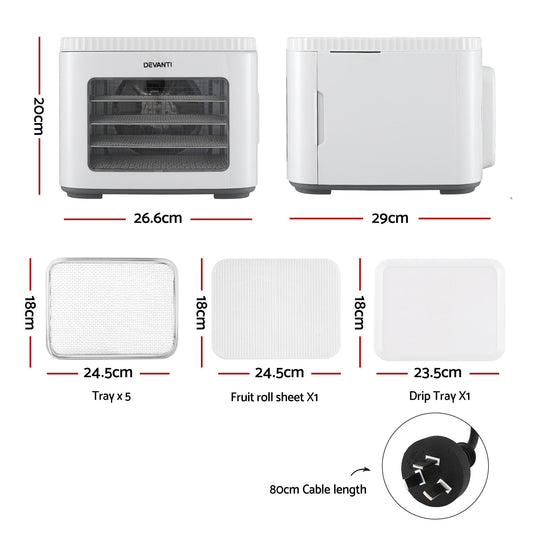 Alona.com.au Appliances > Kitchen Appliances > Food Dehydrators Devanti Food Dehydrator Machine 5 Tray Mini Fruit Dryer Maker White