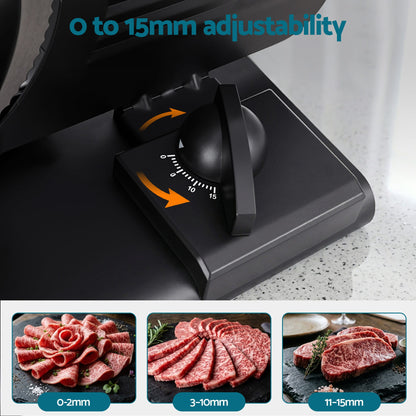 Alona.com.au Appliances > Kitchen Appliances > Kitchen Appliance Accessories Devanti Meat Slicer Bread Vegetable, 200W Power 0-15mm Adjustable Easy Clean Stable Stainless Steel Blade Food Slicer for Kitchen Commercial, Black