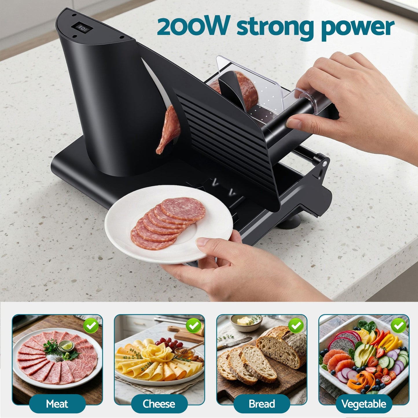 Alona.com.au Appliances > Kitchen Appliances > Kitchen Appliance Accessories Devanti Meat Slicer Bread Vegetable, 200W Power 0-15mm Adjustable Easy Clean Stable Stainless Steel Blade Food Slicer for Kitchen Commercial, Black