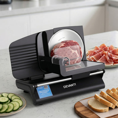 Alona.com.au Appliances > Kitchen Appliances > Kitchen Appliance Accessories Devanti Meat Slicer Bread Vegetable, 200W Power 0-15mm Adjustable Easy Clean Stable Stainless Steel Blade Food Slicer for Kitchen Commercial, Black