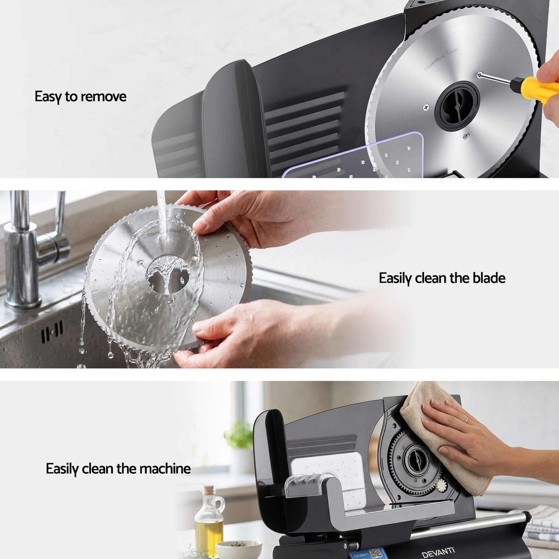 Alona.com.au Appliances > Kitchen Appliances > Kitchen Appliance Accessories Devanti Meat Slicer Bread Vegetable, 200W Power 0-15mm Adjustable Easy Clean Stable Stainless Steel Blade Food Slicer for Kitchen Commercial, Black