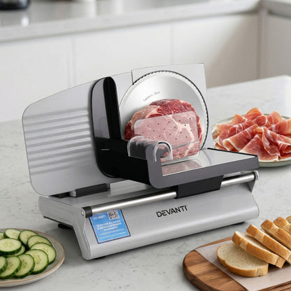 Alona.com.au Appliances > Kitchen Appliances > Kitchen Appliance Accessories Devanti Meat Slicer Bread Vegetable, 200W Power 0-15mm Adjustable Easy Clean Stable Stainless Steel Blade Food Slicer for Kitchen Commercial, Silver