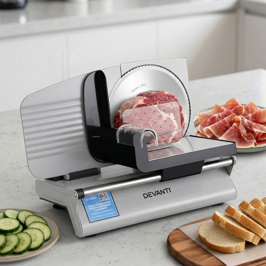 Alona.com.au Appliances > Kitchen Appliances > Kitchen Appliance Accessories Devanti Meat Slicer Bread Vegetable, 200W Power 0-15mm Adjustable Easy Clean Stable Stainless Steel Blade Food Slicer for Kitchen Commercial, Silver