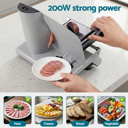 Alona.com.au Appliances > Kitchen Appliances > Kitchen Appliance Accessories Devanti Meat Slicer Bread Vegetable, 200W Power 0-15mm Adjustable Easy Clean Stable Stainless Steel Blade Food Slicer for Kitchen Commercial, Silver