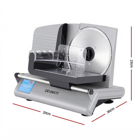 Alona.com.au Appliances > Kitchen Appliances > Kitchen Appliance Accessories Devanti Meat Slicer Bread Vegetable, 200W Power 0-15mm Adjustable Easy Clean Stable Stainless Steel Blade Food Slicer for Kitchen Commercial, Silver