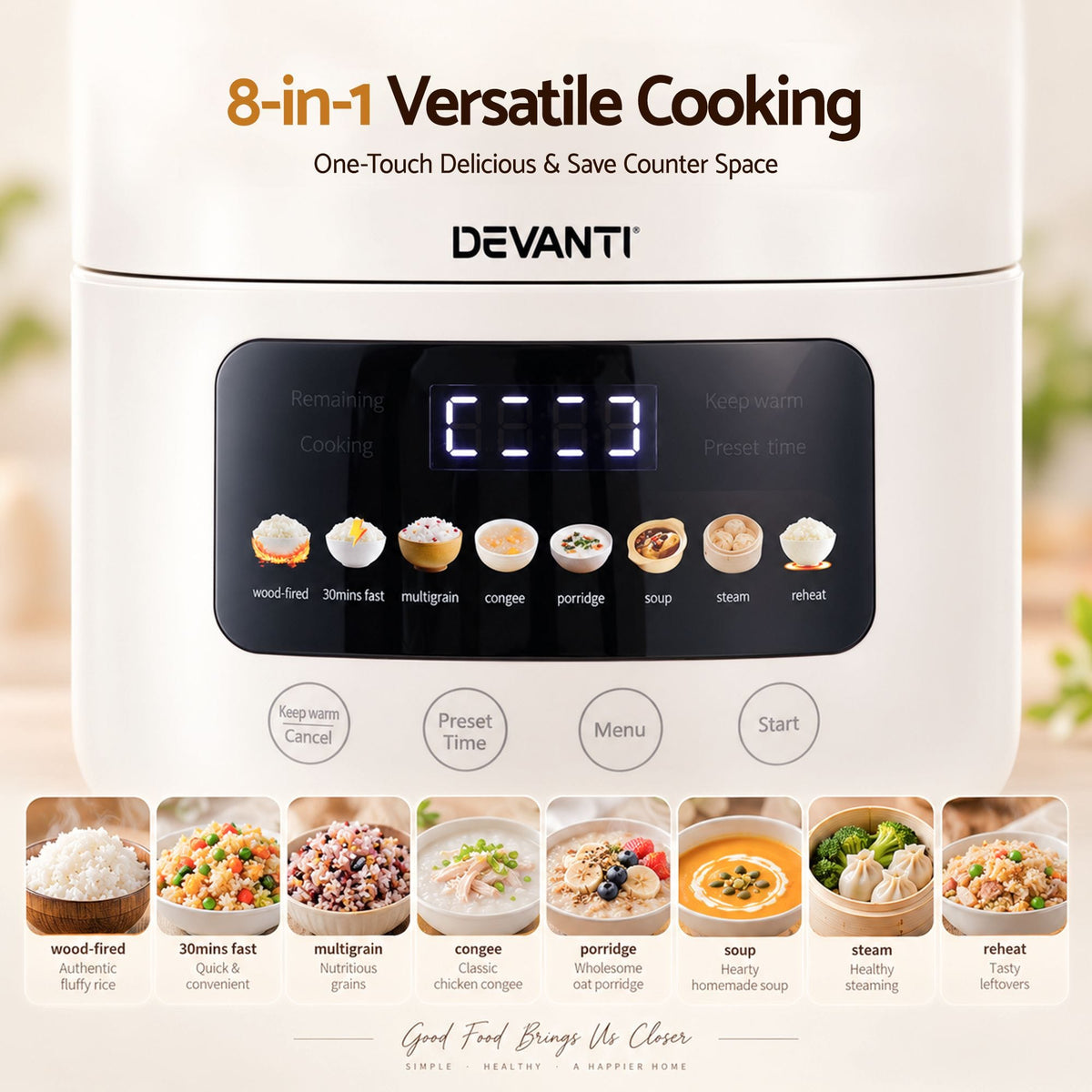Alona.com.au Appliances > Kitchen Appliances > Rice Cookers & Steamers Devanti 3L Rice Cooker Small 6 Cup 8-in-1 Multi Cooker with 24H Preset Off-White
