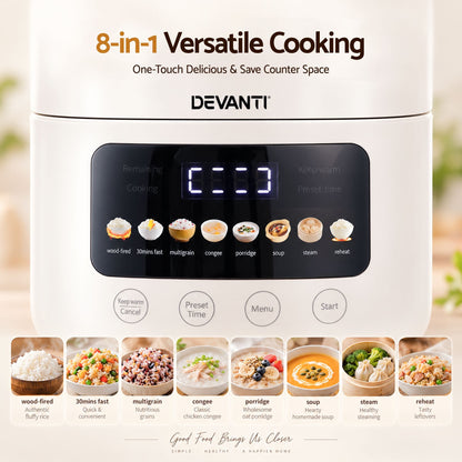 Alona.com.au Appliances > Kitchen Appliances > Rice Cookers & Steamers Devanti 3L Rice Cooker Small 6 Cup 8-in-1 Multi Cooker with 24H Preset Off-White