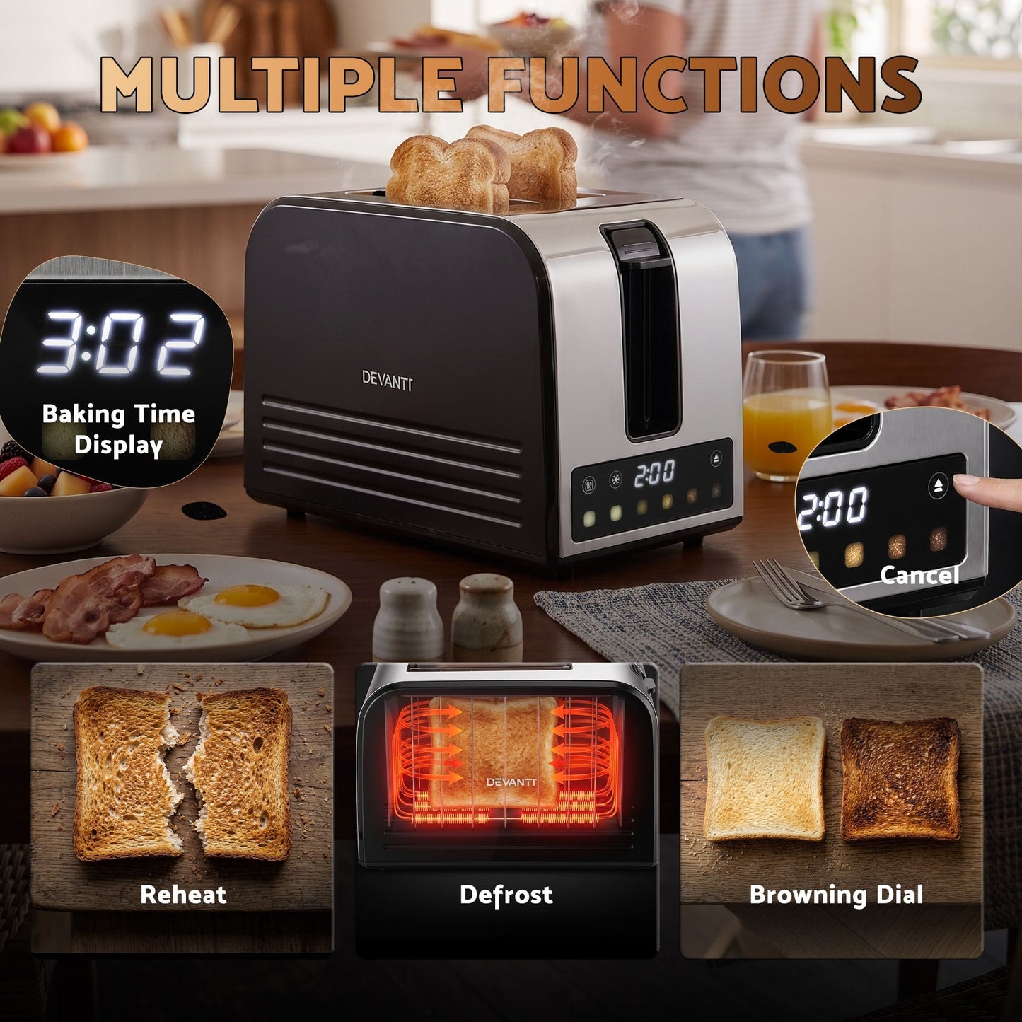 Alona.com.au Appliances > Kitchen Appliances > Toasters & Grills Devanti 2-Slice Toaster, LED Display 3.5cm Wide Slots 6 Browning Levels