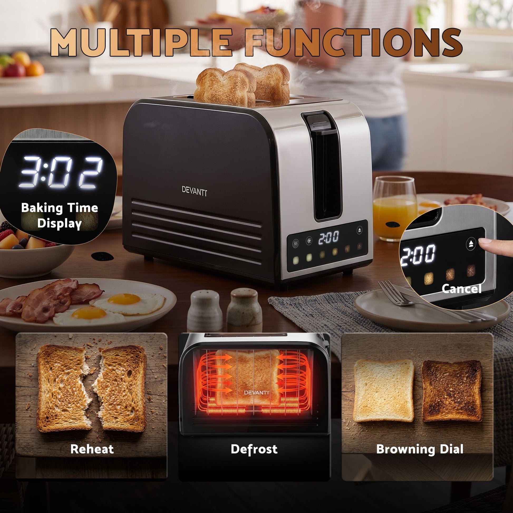 Alona.com.au Appliances > Kitchen Appliances > Toasters & Grills Devanti 2-Slice Toaster, LED Display 3.5cm Wide Slots 6 Browning Levels