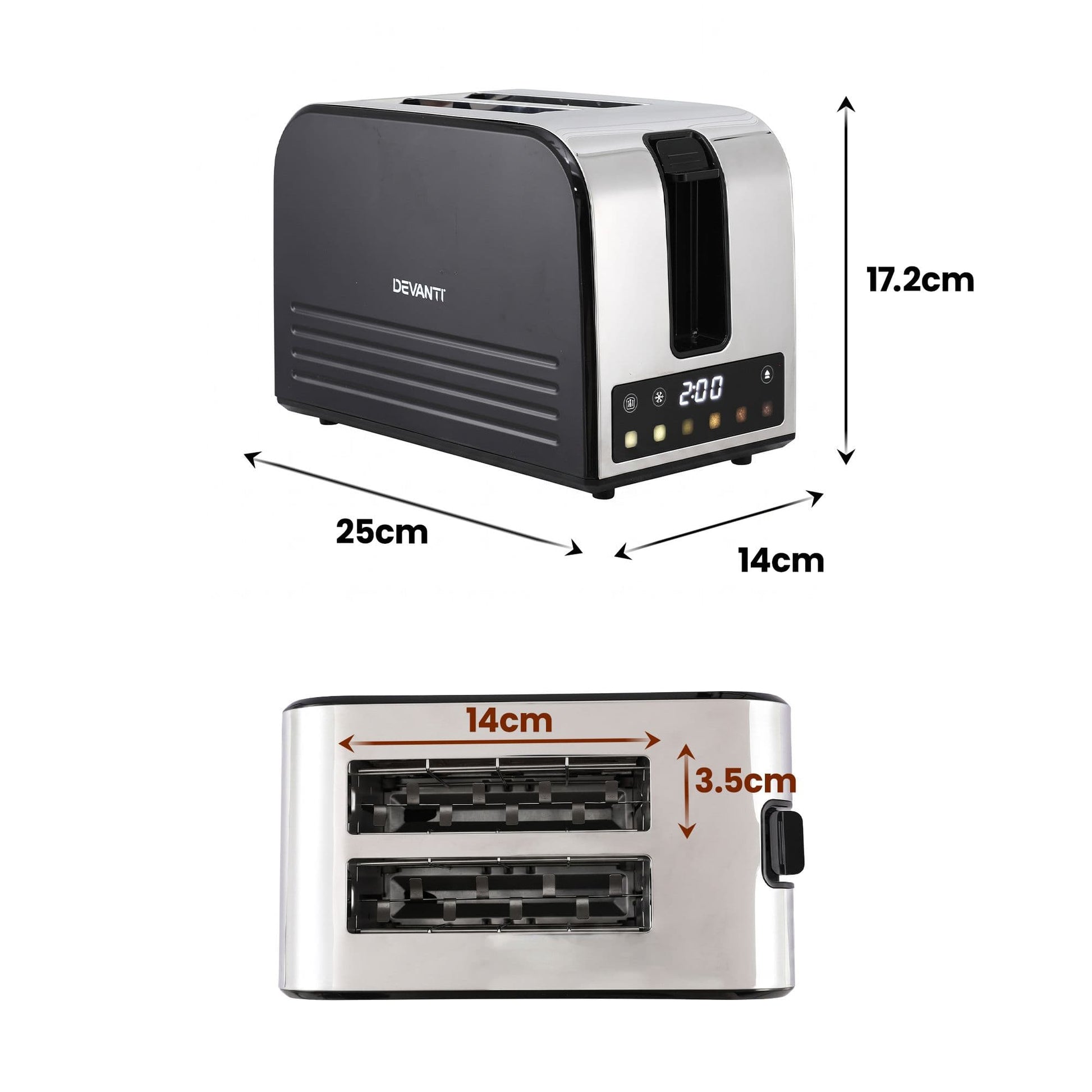 Alona.com.au Appliances > Kitchen Appliances > Toasters & Grills Devanti 2-Slice Toaster, LED Display 3.5cm Wide Slots 6 Browning Levels