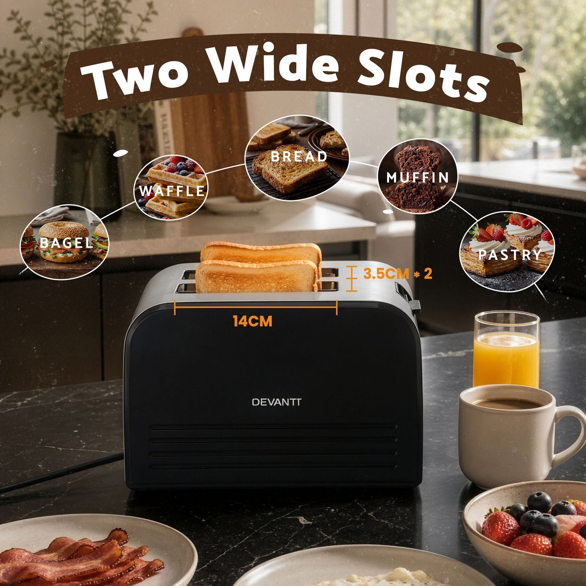 Alona.com.au Appliances > Kitchen Appliances > Toasters & Grills Devanti 2-Slice Toaster, LED Display 3.5cm Wide Slots 6 Browning Levels