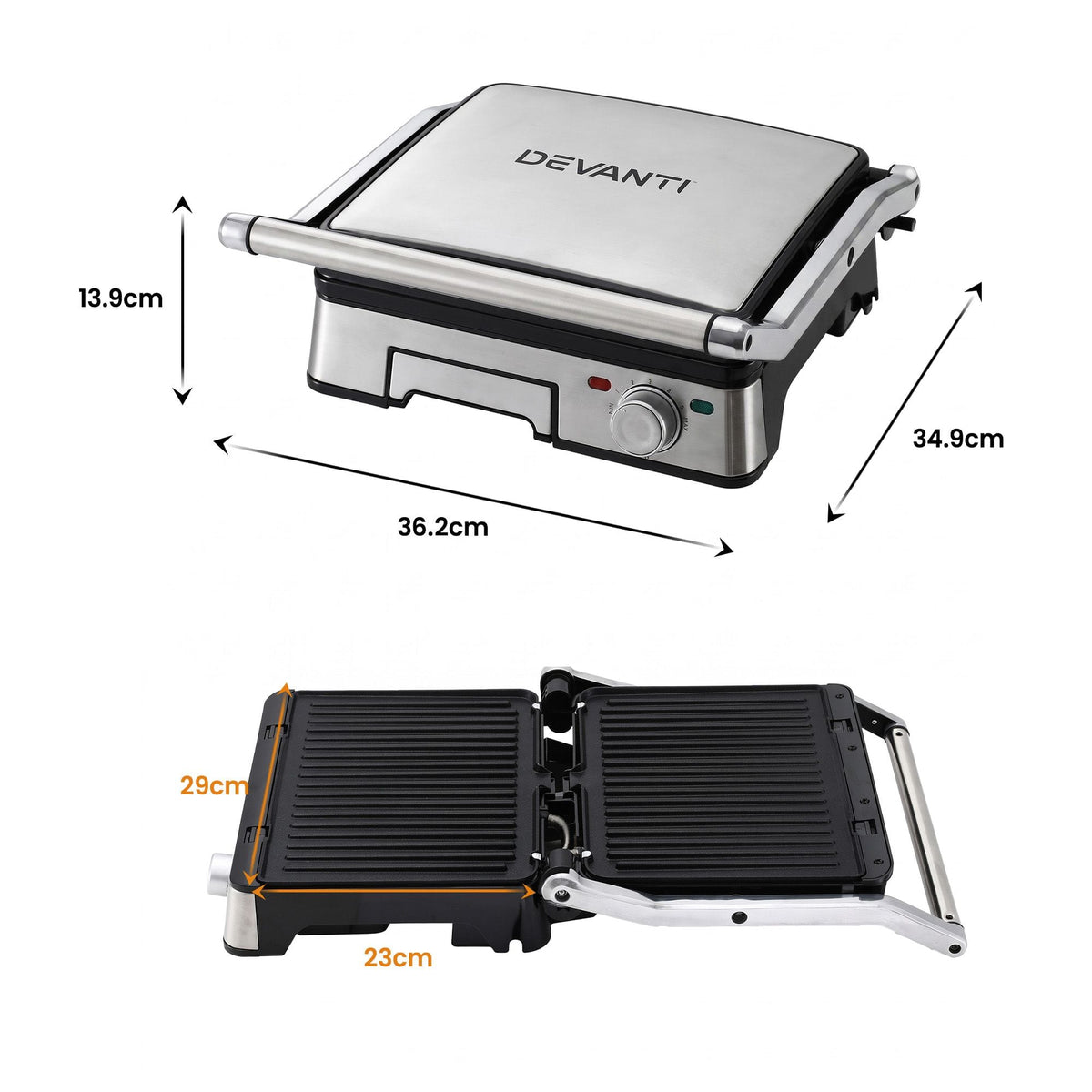 Alona.com.au Appliances > Kitchen Appliances > Toasters & Grills Devanti 2000W 3-in-1 Panini Press Grill Sandwich Maker 180° Open 4 Slice