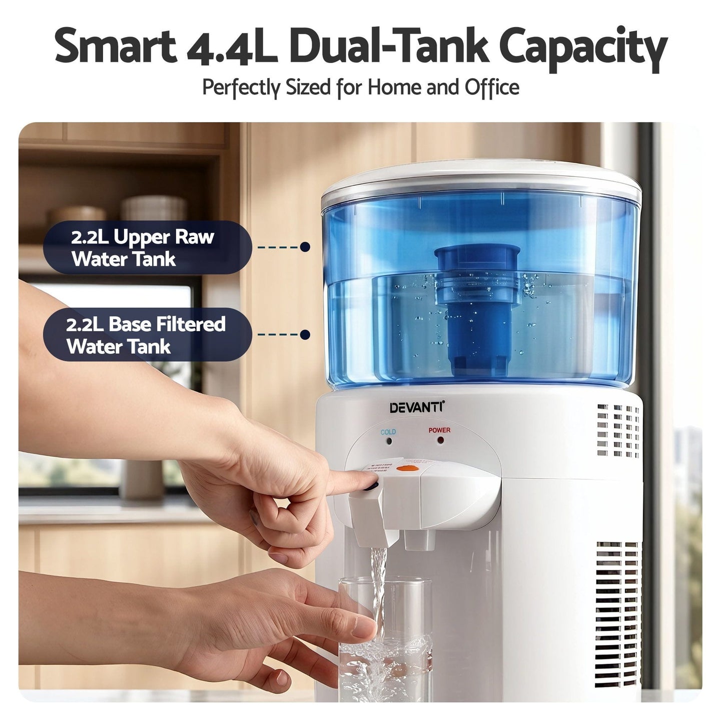 Alona.com.au Appliances > Kitchen Appliances > Water Dispensers Devanti 5L Bench Top Water Cooler Dispenser with Filter 2 Taps Countertop Water Purifier