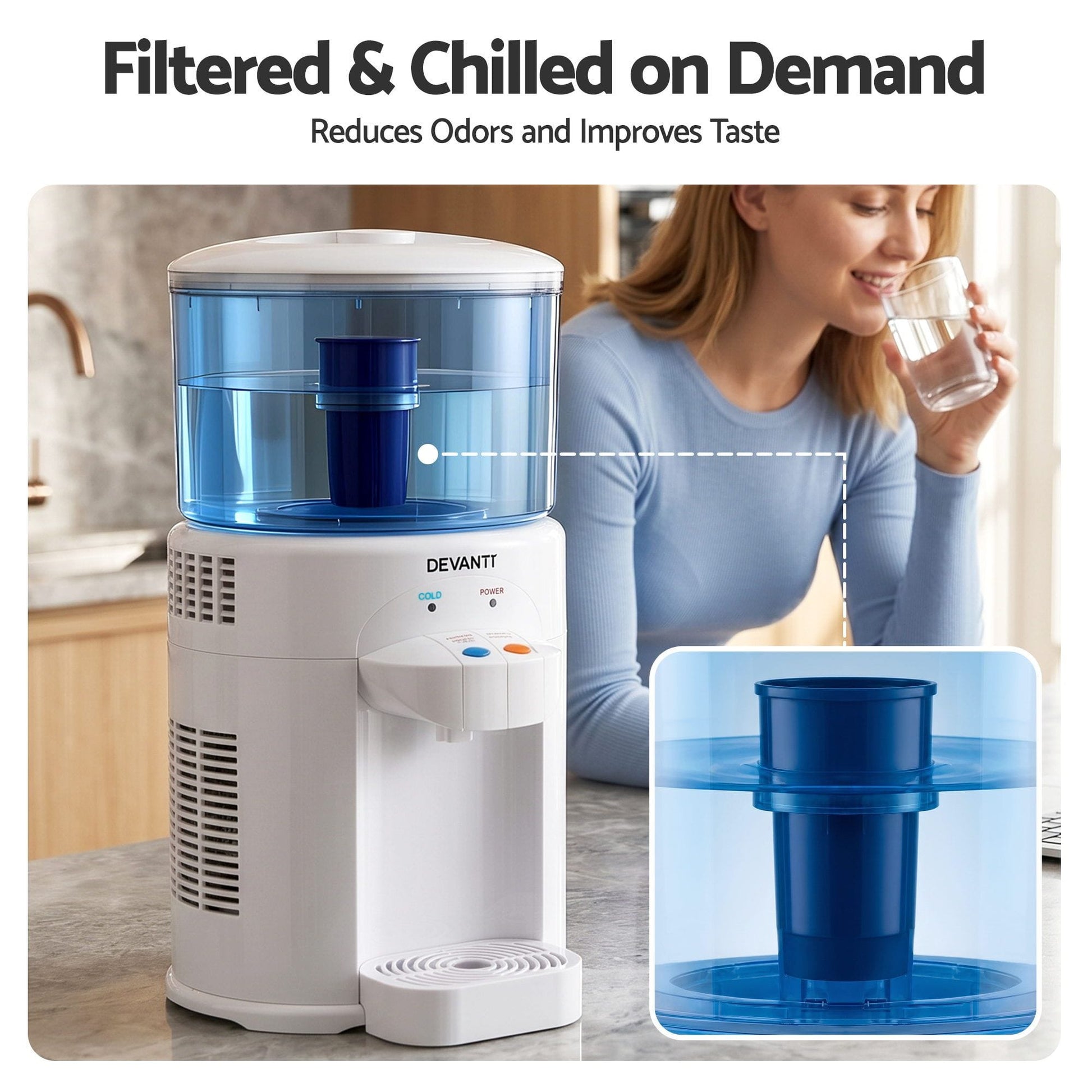 Alona.com.au Appliances > Kitchen Appliances > Water Dispensers Devanti 5L Bench Top Water Cooler Dispenser with Filter 2 Taps Countertop Water Purifier