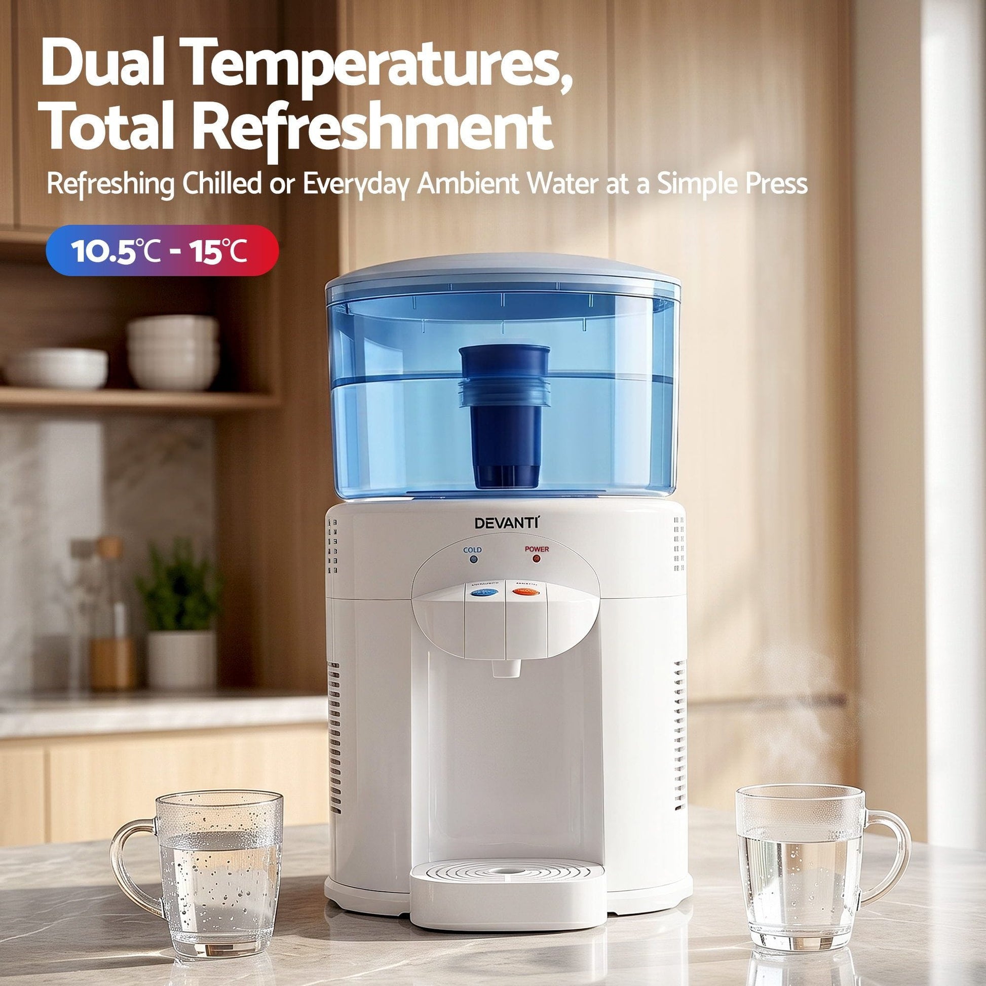 Alona.com.au Appliances > Kitchen Appliances > Water Dispensers Devanti 5L Bench Top Water Cooler Dispenser with Filter 2 Taps Countertop Water Purifier