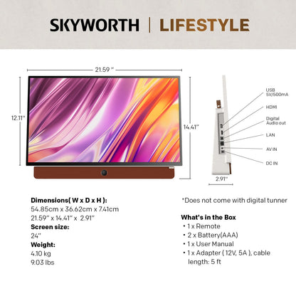 Alona.com.au Appliances > TV > TVs & Accessories SKYWORTH 24-Inch 12V Portable TV,3-Hour Battery,1080P FHD,Wide Viewing Angle,Smart Google TV, HDR10, Dolby Audio, LED, Bluetooth, Chromecast and Google Assistant