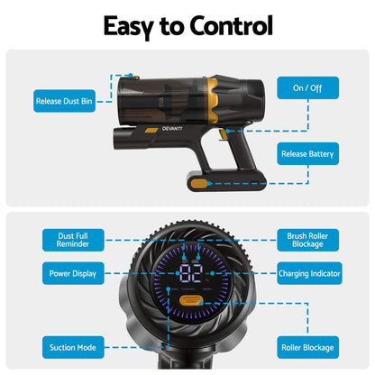 Alona.com.au Appliances > Vacuum Cleaners > Stick Vacuums DEVANTI 30000Pa Cordless Stick Vacuum Cleaner 4-in-1 Handheld Vac, Gold