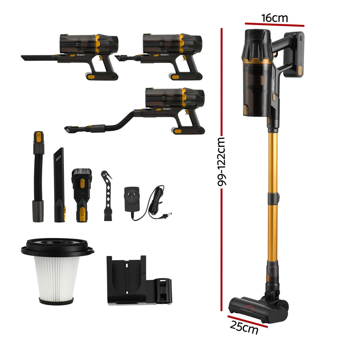Alona.com.au Appliances > Vacuum Cleaners > Stick Vacuums DEVANTI 30000Pa Cordless Stick Vacuum Cleaner 4-in-1 Handheld Vac, Gold