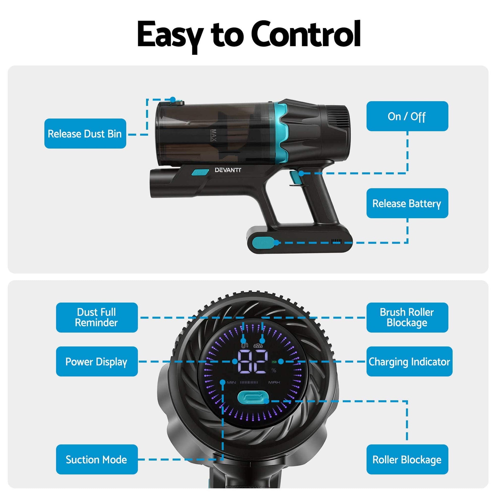 Alona.com.au Appliances > Vacuum Cleaners > Stick Vacuums DEVANTI 30000Pa Cordless Stick Vacuum Cleaner 4-in-1 Handheld Vac, Green