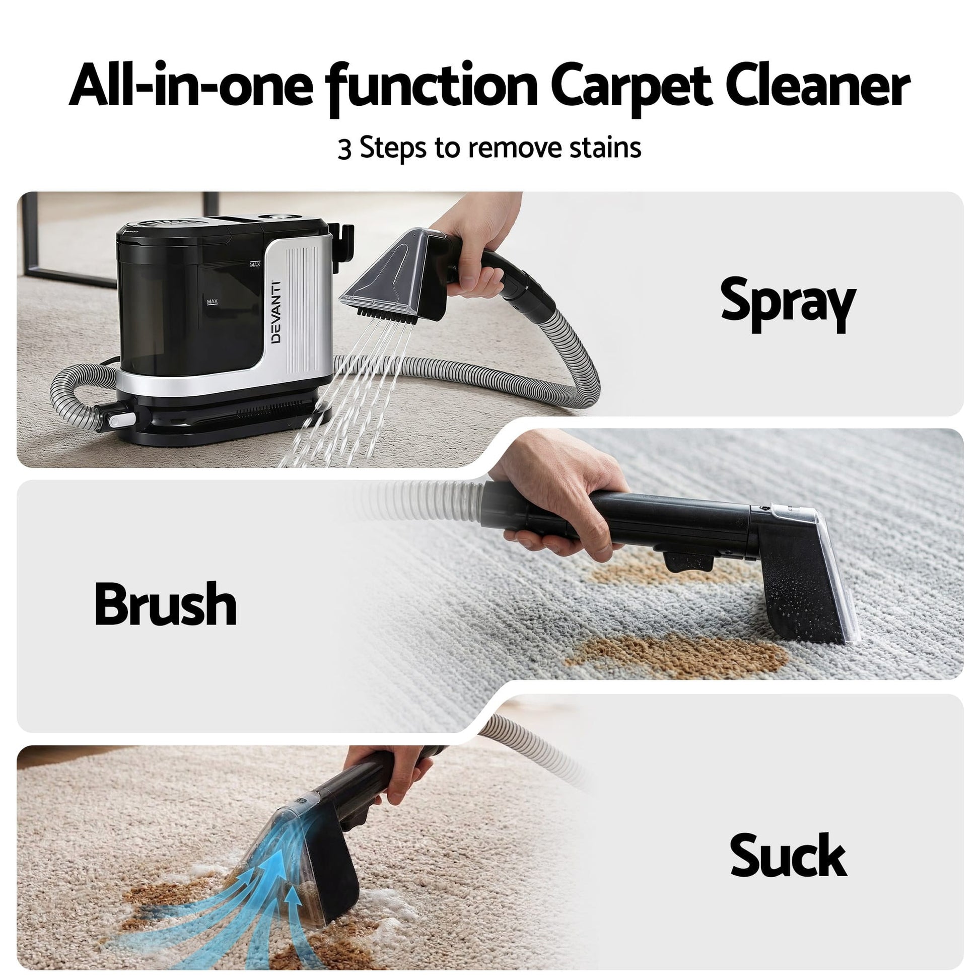 Alona.com.au Auto Accessories > Auto Accessories Others > Automotive Cleaning Devanti Carpet Washer Vacuum Cleaner 600W 13kpa Hose Self-Cleaning Function