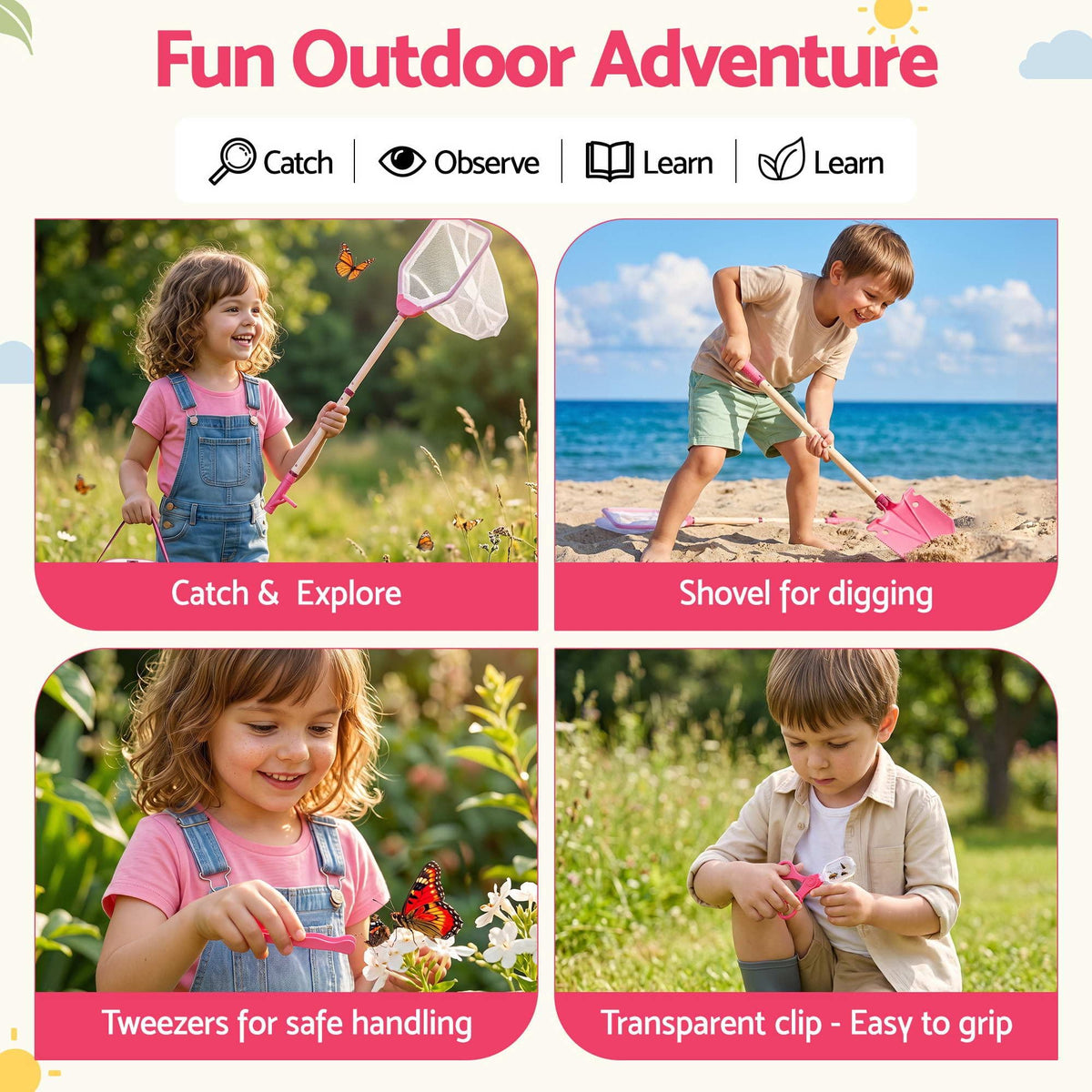 Alona.com.au Baby & Kids > Baby & Kid's Toys > Activity Toys Keezi Kids Bug Catcher Kit 12pc Outdoor Explorer Toys Insect Viewer Net Shovel Pink