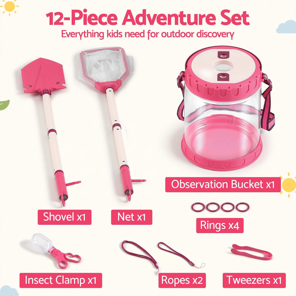 Alona.com.au Baby & Kids > Baby & Kid's Toys > Activity Toys Keezi Kids Bug Catcher Kit 12pc Outdoor Explorer Toys Insect Viewer Net Shovel Pink