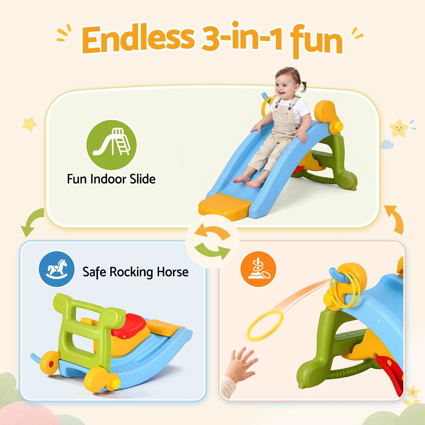 Alona.com.au Baby & Kids > Baby & Kid's Toys > Activity Toys Keezi Kids Slide Set Toddler Indoor Playset Rocking Horse Ring Toss Multi Colour