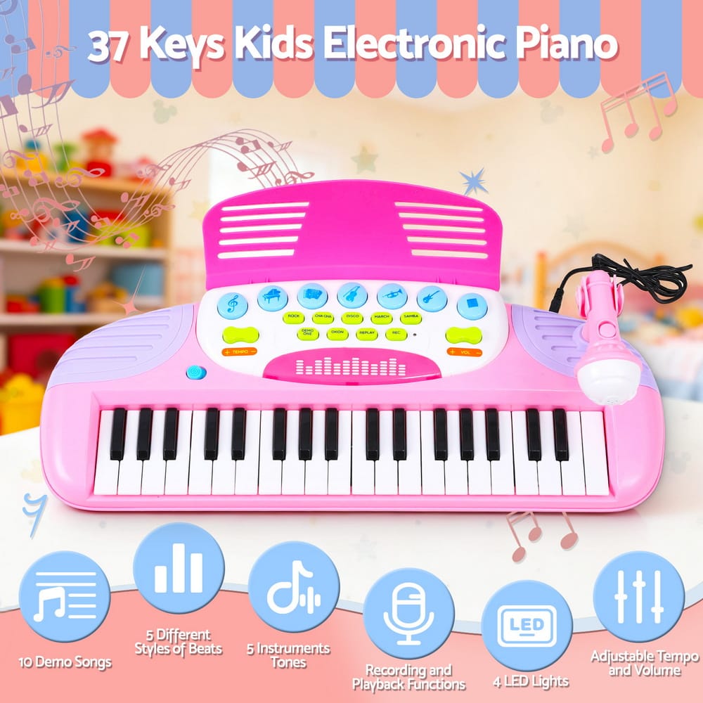 Alona.com.au Baby & Kids > Baby & Kid's Toys > Musical Toys Keezi Kids Piano Keyboard 37 Keys Electronic Musical Instrument Set w/ Stool Microphone