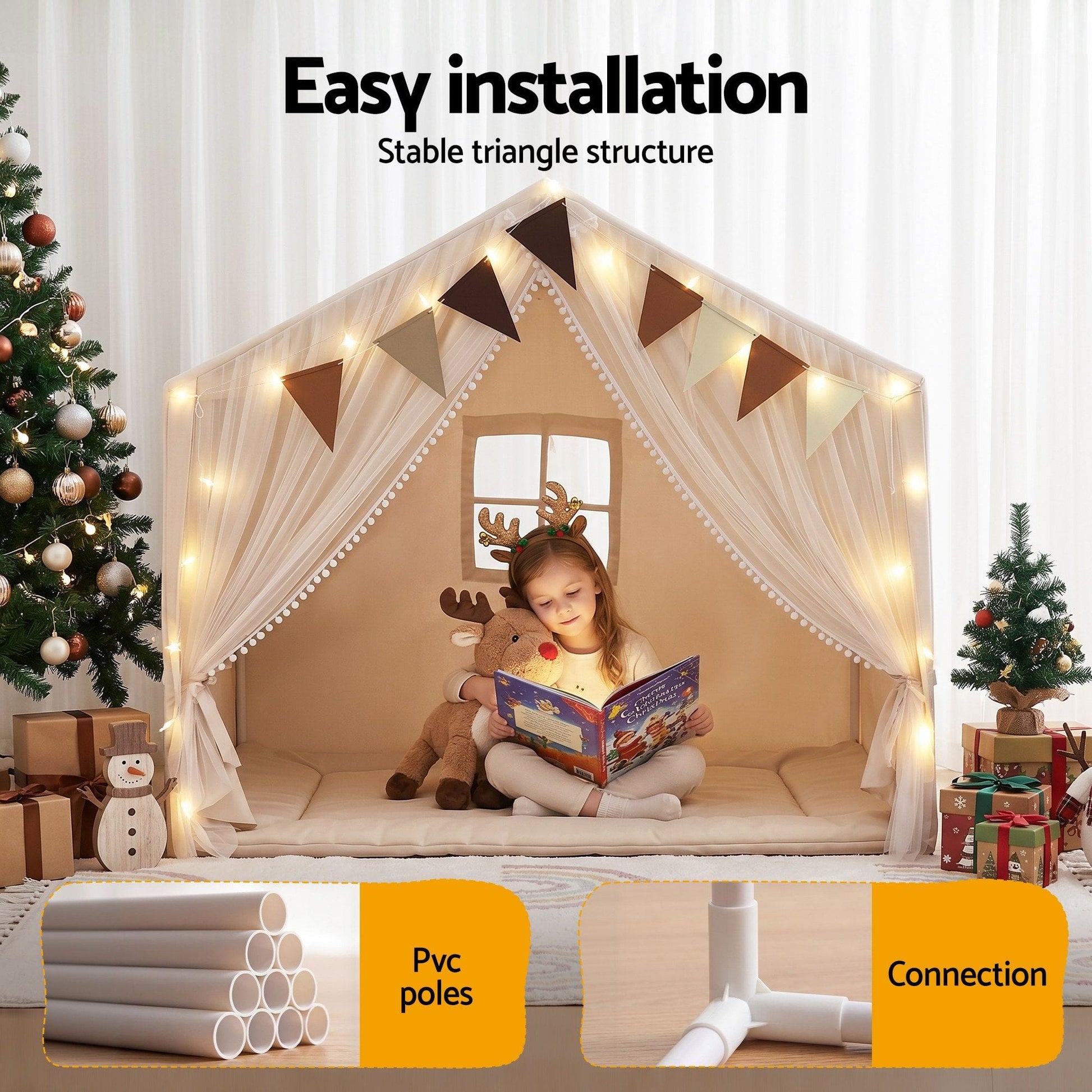 Alona.com.au Baby & Kids > Baby & Kid's Toys > Pretend Play Keezi Kids Play Tent with Star Lights Windows Flag 144cmx95cm Playhouse
